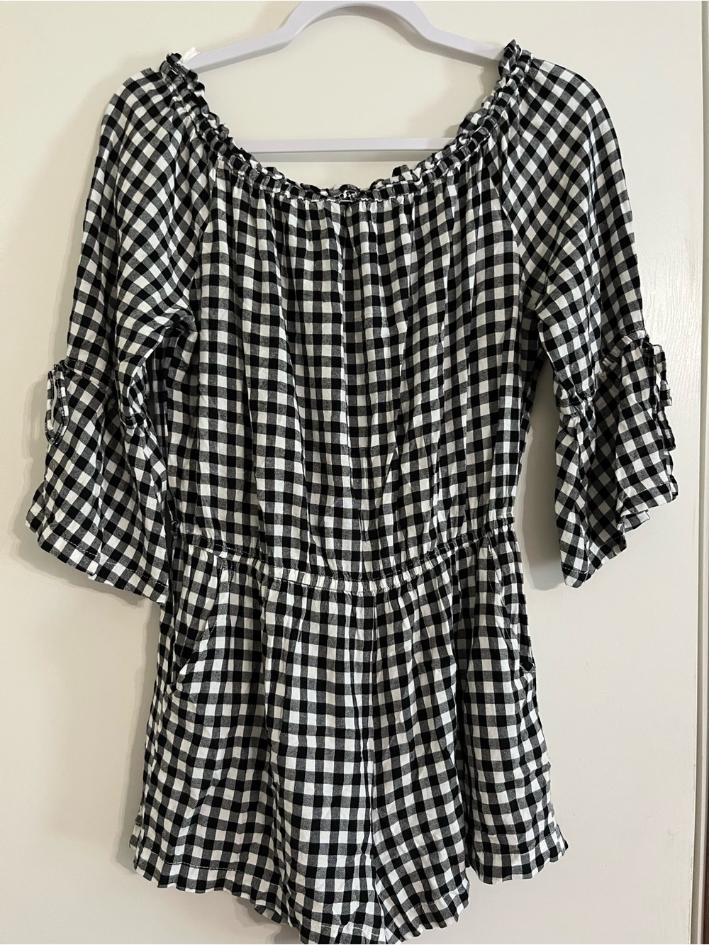 Mud Pie Black & White Gingham Off-Shoulder Romper